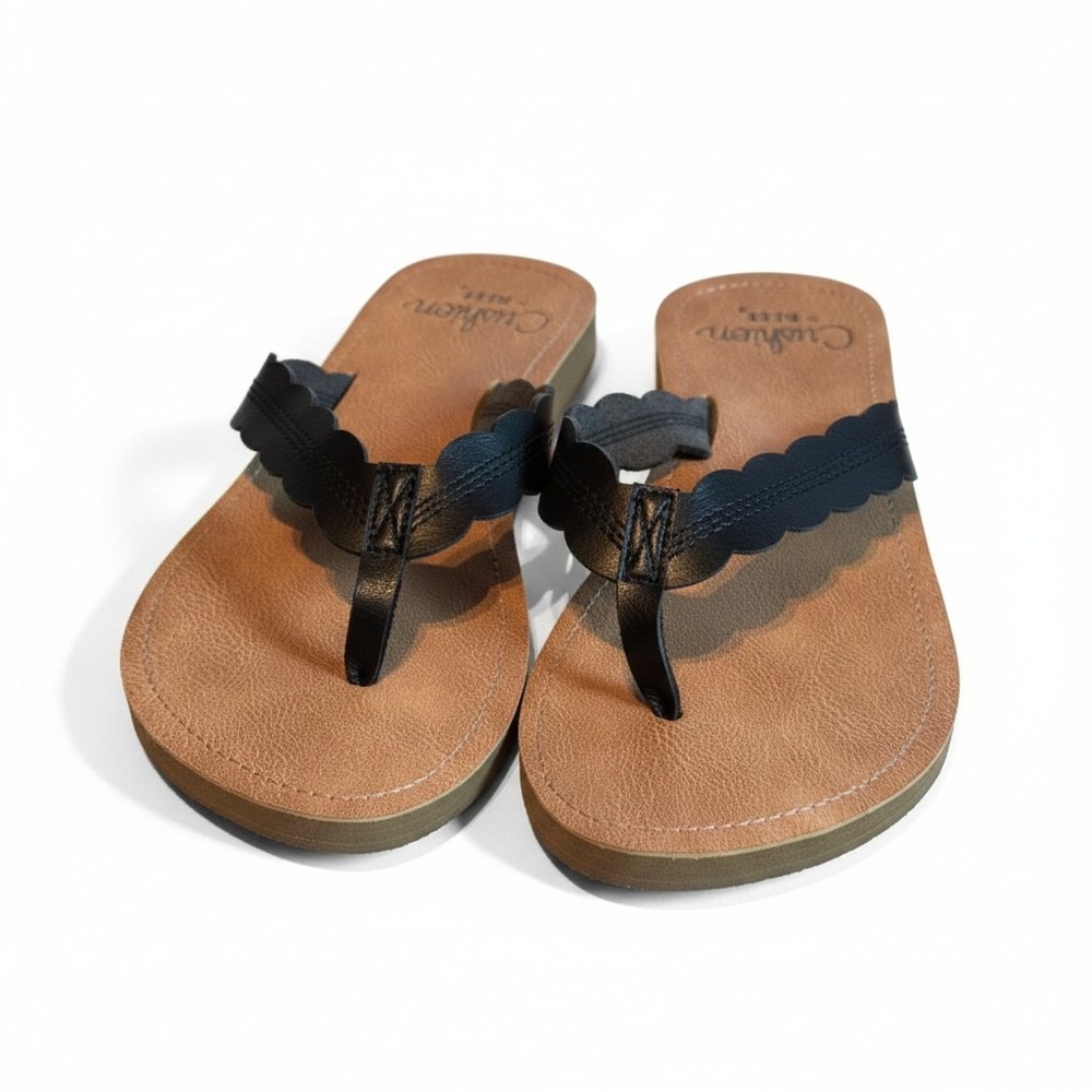 Reef Cushion Vista Scalloped Thong Sandals Black Tan Womens 6 CJ0510